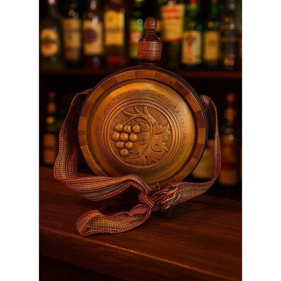 Handcrafted Wooden Water Canteen Decanter Flask Brass Feet Folk Art Barware Deco - Picture 3 of 12